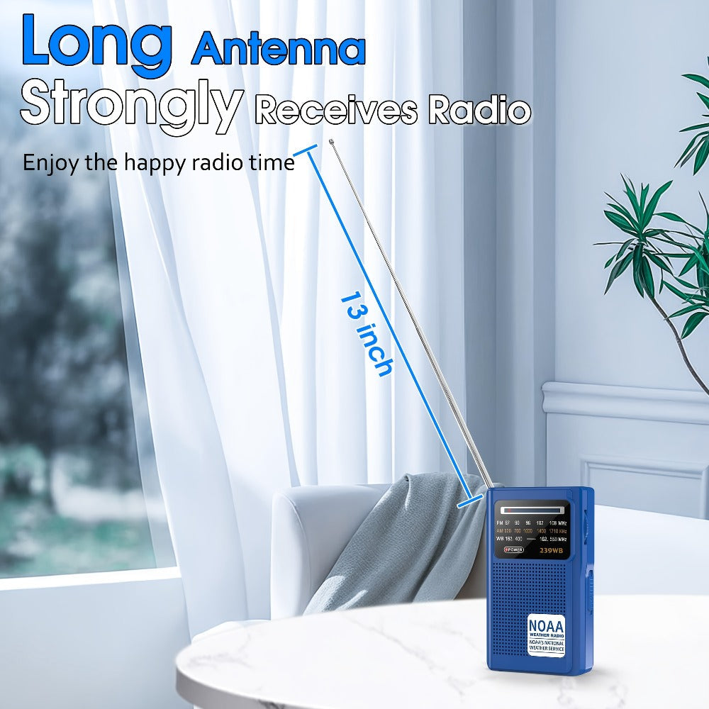 Portable AM/FM/NOAA Weather Radio with 2-AA Battery Power, Earphone Jack and Three Color Options