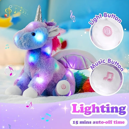 Plush Toy Rainbow Unicorn with LED Glow and Choice of Music or No-Music Light-Up choices for Bedtime