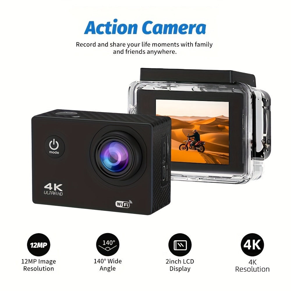 4K-Labeled WiFi Action Camera with 170-Degree Lens, 2-Inch Display, 32GB Card, Remote and Mounting Kit