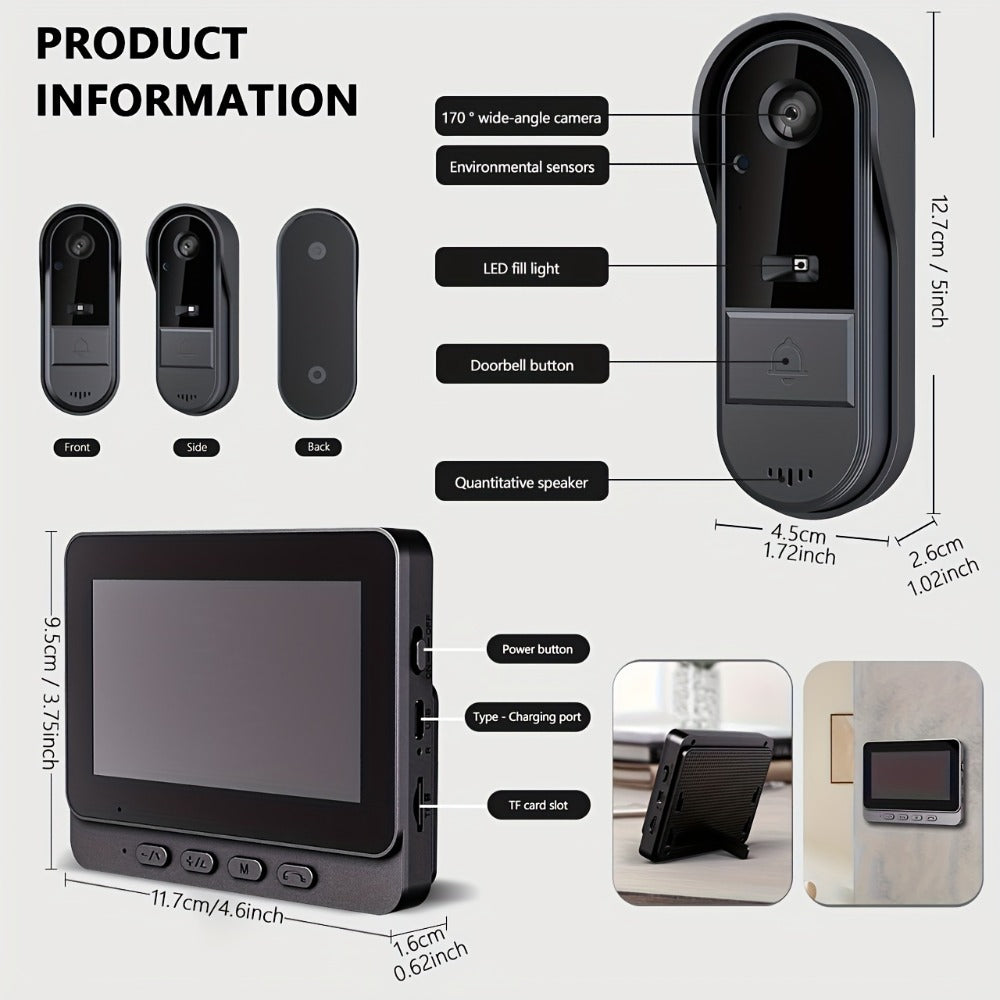 1920P Video Doorbell Camera with 4.3" Monitor & Dual Power - No WiFi No App, Battery & USB, Two-Way Audio, IR Night Vision, SD Card Storage, Wide Angle, One-Button Pairing, Black