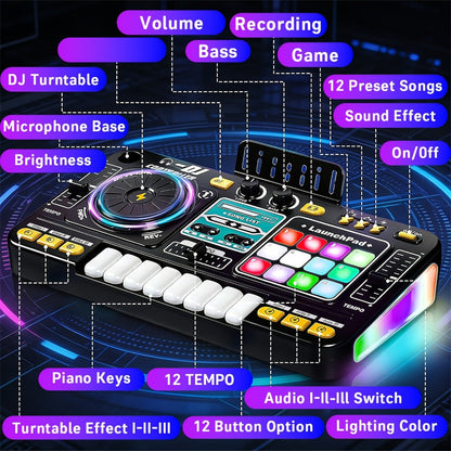 Kids DJ Mixer Toy Set with LED Lights, Microphone & Piano Keys, 100+ Sound Effects, Disco Mode, Rechargeable, Interactive Music Toy for Boys & Girls, Birthday Christmas Gift for Children Ages 3+, Black