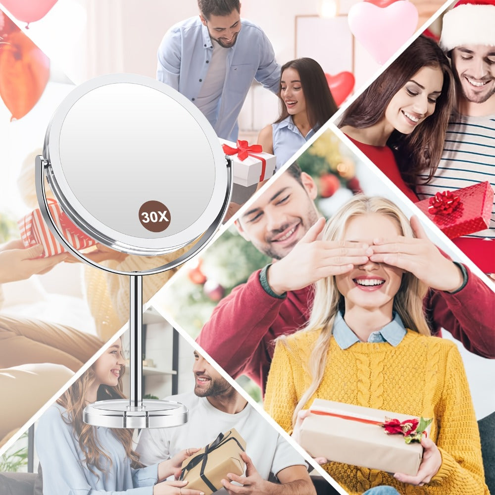 Makeup Mirror Dual-Sided 1X and 30X Round Chrome-Finish Stand with 360° Rotation and Detachable Frame