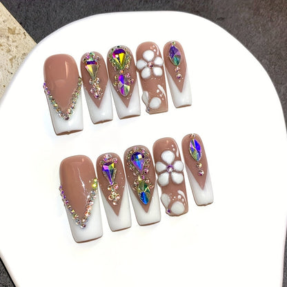 Press On Nails 10-Piece Square French-Tip Set with Nude White Gloss, AB Rhinestones and Floral Design