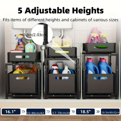 Under Sink Organizer 2-Tier Slide Out – Heavy Duty Metal Cabinet Shelf, Adjustable Space-Saving Storage Rack for Kitchen & Bathroom Cabinets, Pull Out Drawer Organizer
