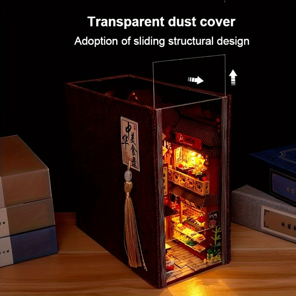 Chinese Food Street Book Nook Kit with LED-Lit Miniature Shops, Sliding Dust Cover and Wooden Shelf Insert