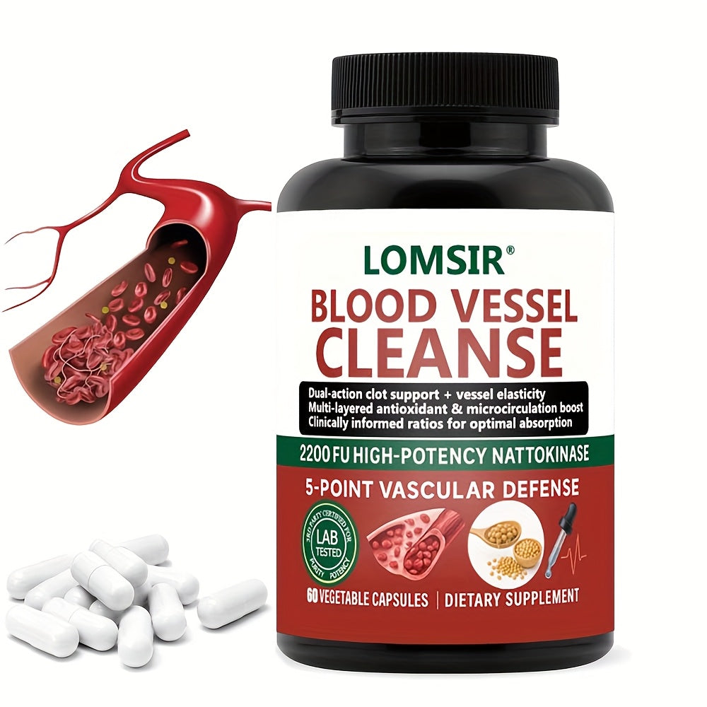 Blood Circulation Supplement Nattokinase with Gamma Oryzanol – Natural Enzyme Formula for Blood Vessel Cleanse, Circulatory System & Heart Health Support – Cardiovascular Wellness Daily Capsules – 60 Count