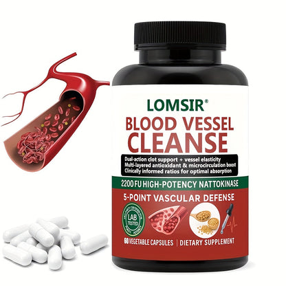 Blood Circulation Supplement Nattokinase with Gamma Oryzanol – Natural Enzyme Formula for Blood Vessel Cleanse, Circulatory System & Heart Health Support – Cardiovascular Wellness Daily Capsules – 60 Count