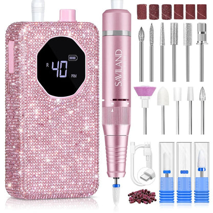 40,000 RPM Rechargeable Nail Drill in Bright Pink with 4000 mAh Battery, LCD Display and Tool Set