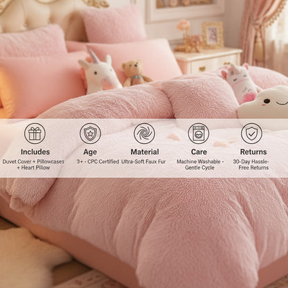 Plush Faux Fur Duvet Cover Set with Heart Pillow, Corner Ties and Twin, Queen or King Sizes in Eight Colors