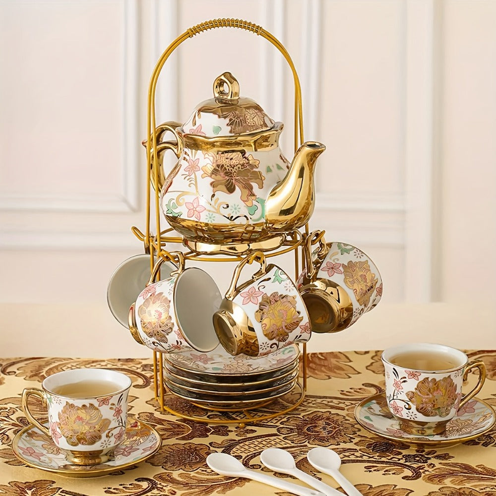 Twenty-Piece Floral Ceramic Tea Set with 15-Ounce Teapot, Six Cups, Saucers, Spoons and Gold Rack