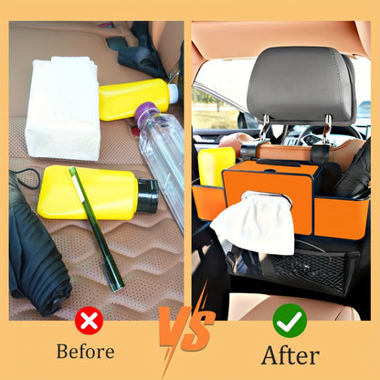 Car Backseat Organizer with Dual Cup Holders, Tissue Box & Hooks – Multi-Function Back Seat Storage for SUV, Sedan & Minivan | Brown, Orange, Black, Cream