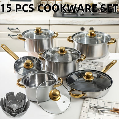 Stainless Steel Cookware Set 10 12 15 Piece Pots with Lids Double Handles Cooking Pot Set for Soup Hot Pot Noodles Pasta Home and Restaurant Kitchen Multiple Colors and Sizes Available
