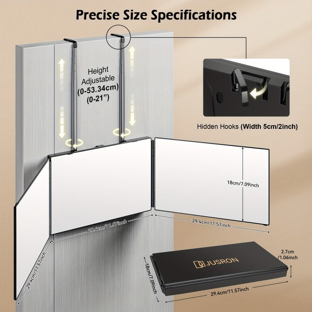 Three-Way Hair Cutting Mirror with Folding Panels, Adjustable Door Hooks and LED, Non-LED or Two-Pack Options