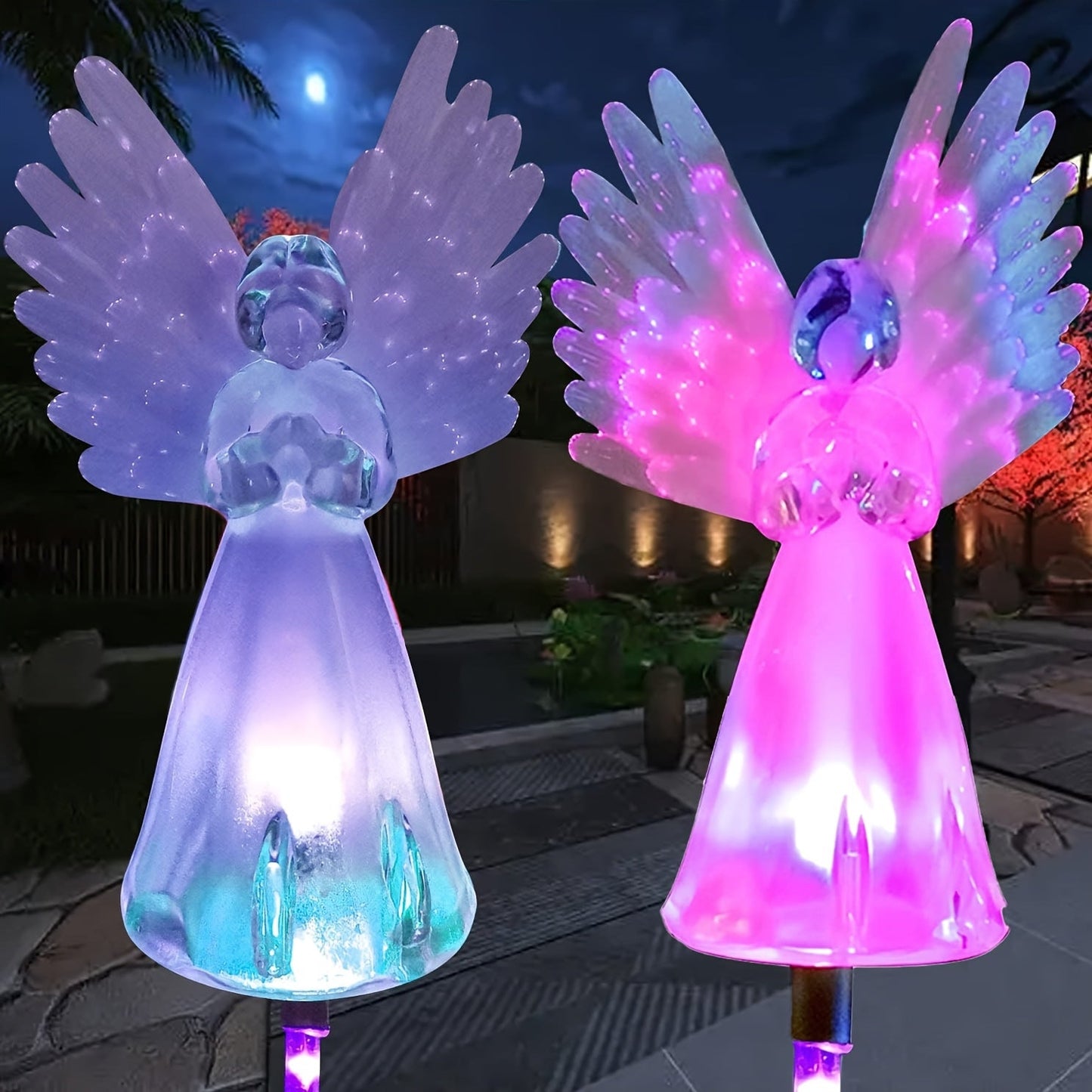 Solar Garden Lights Color-Changing Angel Stakes with 7-Color LEDs in 2- or 4-Pack Sets for Memorial Decor