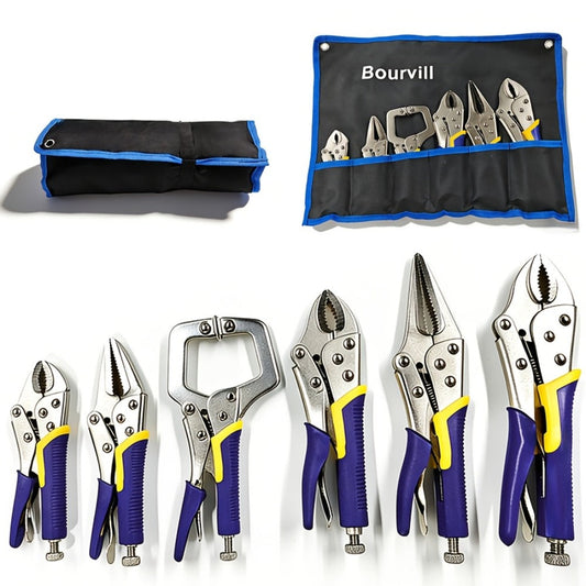 Locking Pliers Set 6pcs Heavy Duty, Includes Needle Nose Pliers 6.5" & 9.5", Curved Jaw Locking Pliers 5" 7" 10", C-Clamp L-Type Pliers with Roll Bag & Ergonomic Metal Handles for Auto, DIY & Workshop