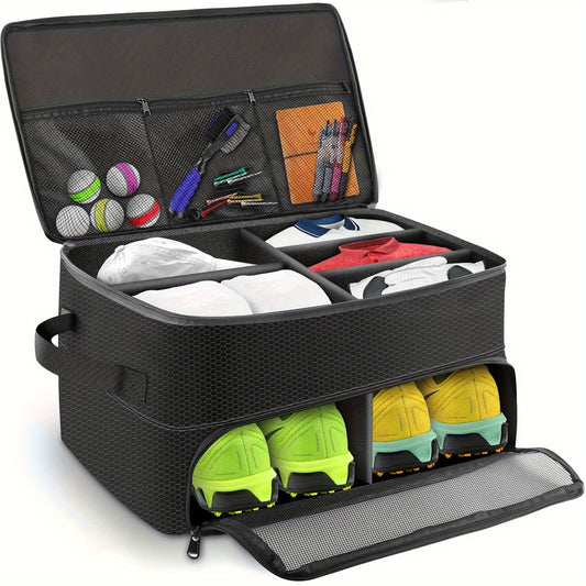 Golf Organizer Storage Box with Compartments and Mesh Pockets Durable Golf Accessory Case for Golf Balls Shoes Gloves Tees and Essentials