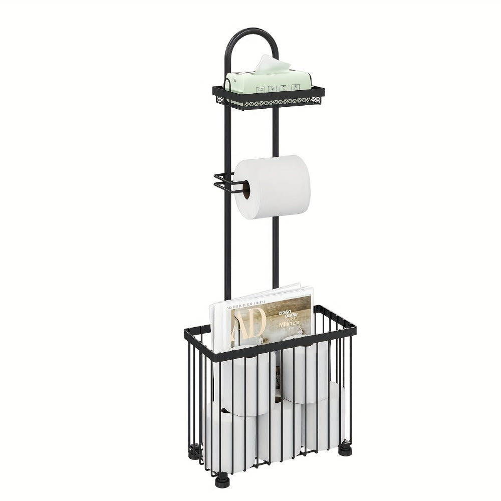 Freestanding Toilet Paper Holder with Rectangular Six-Roll Storage Basket, Upper Shelf and Pack Options