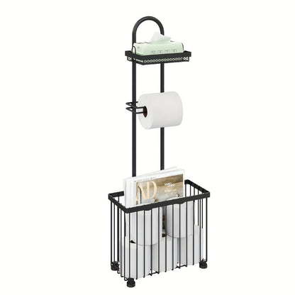 Freestanding Toilet Paper Holder with Rectangular Six-Roll Storage Basket, Upper Shelf and Pack Options