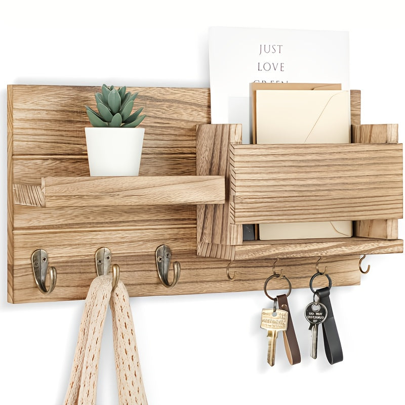 Wall Mounted Storage Rack with Mail Slot – Rustic Wood Floating Shelf with Hooks for Keys, Hats & Envelopes, Decorative Organizer for Entryway, Porch, Bedroom, Bathroom & Living Room