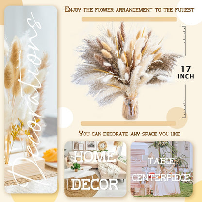 Natural Pampas Grass Decor Bouquet 105/120pcs Boho Dried Floral Arrangement - Centerpiece Table Decor for Wedding Living Room Rustic Boho Home Decoration Vase Filler