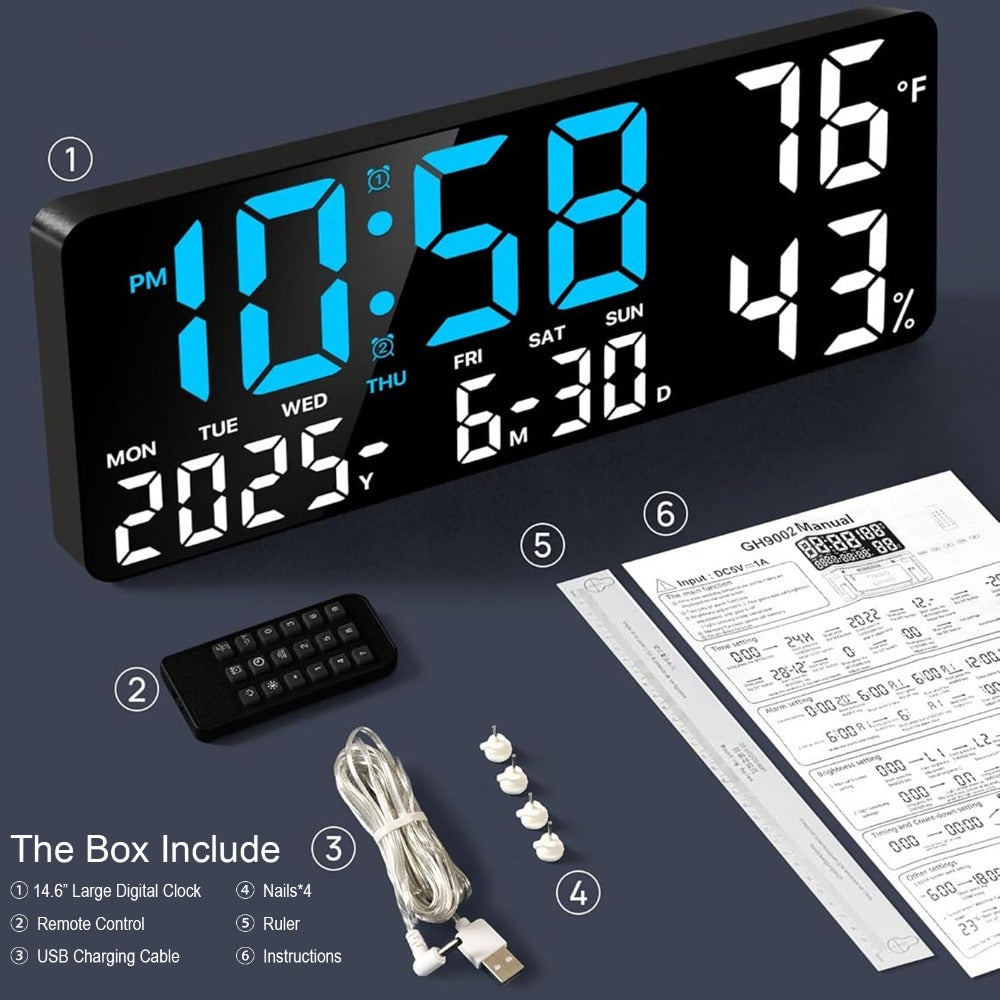14.6-Inch Digital LED Wall Clock with Remote, Date, Weekday, Temperature and Humidity Color Options