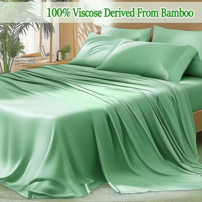 Bed Sheet Set 4-Piece Bamboo-Derived Cooling Fabric with Deep-Pocket Fitted Sheet and Four Bed Sizes