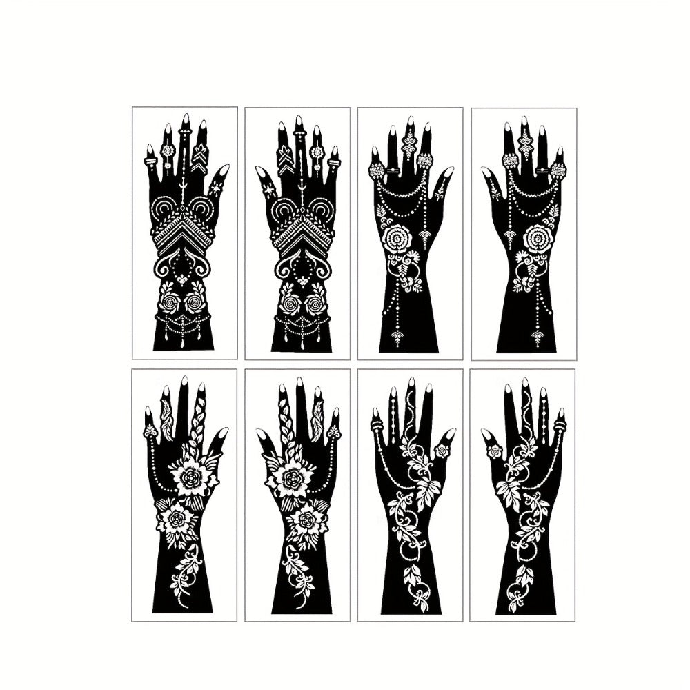 Eight-Piece Hand-Length Tattoo Stencil Set with Floral Patterns for Hands and Forearms in SM010 or SM011