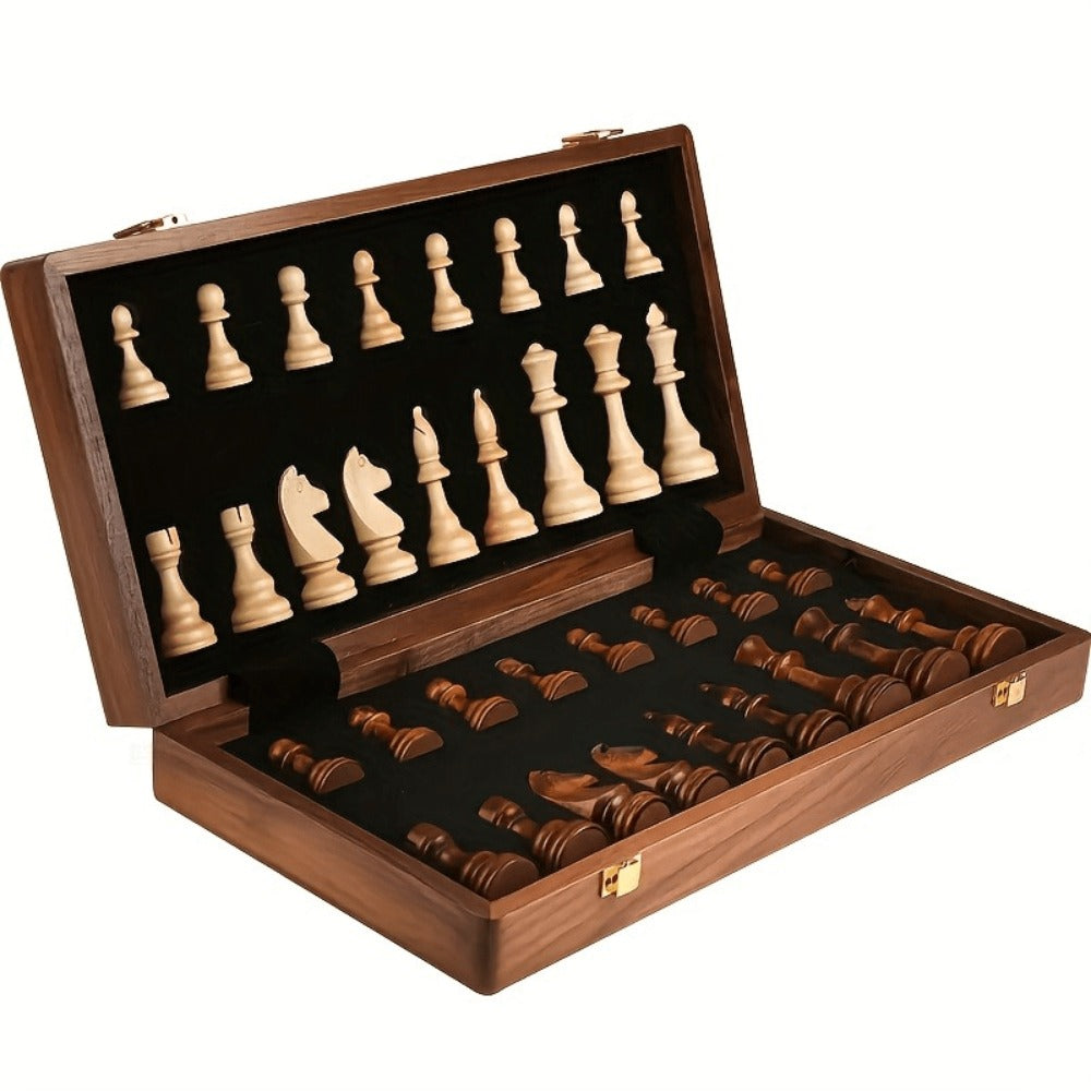 Folding Wooden-Style Chess and Checkers Set with 33 Chess Pieces and Internal Storage for Adult Tabletop Play
