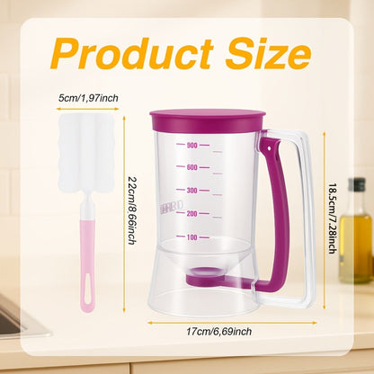 Handheld Pancake Batter Dispenser with Graduated Cup, Bottom Valve and White Cleaning Brush