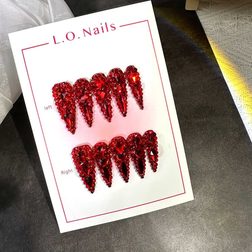 Press On Nails 10-Piece Long Water-Drop Set with Red Glass Glitter and Removable Self-Adhesive Gel Tabs