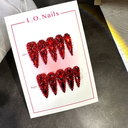 Press On Nails 10-Piece Long Water-Drop Set with Red Glass Glitter and Removable Self-Adhesive Gel Tabs