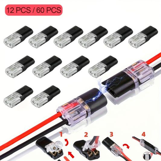 LED Wire Connector 2-Pin Quick Connect Terminal – PVC Insulated Copper Contact, Locking Buckle, 36V AC Low Voltage, for Automotive & Home LED Strip Wiring (12pc / 72pc)
