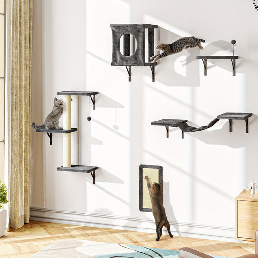 Cat Wall Shelves 5-Piece Set - Wall-Mounted Cat Furniture with Floating Perch, Cat Climber, Bridge & Cat Bed, Modern Cat Tree Alternative for Indoor Cats, Black / Grey / Beige