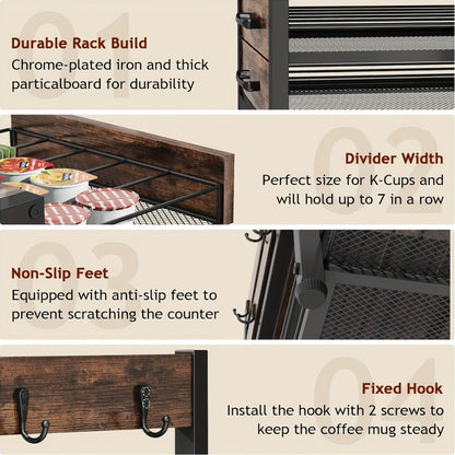Coffee Capsule and Mug Rack Kitchen Organizer Single or Double Layer Countertop Stand in Rustic Brown