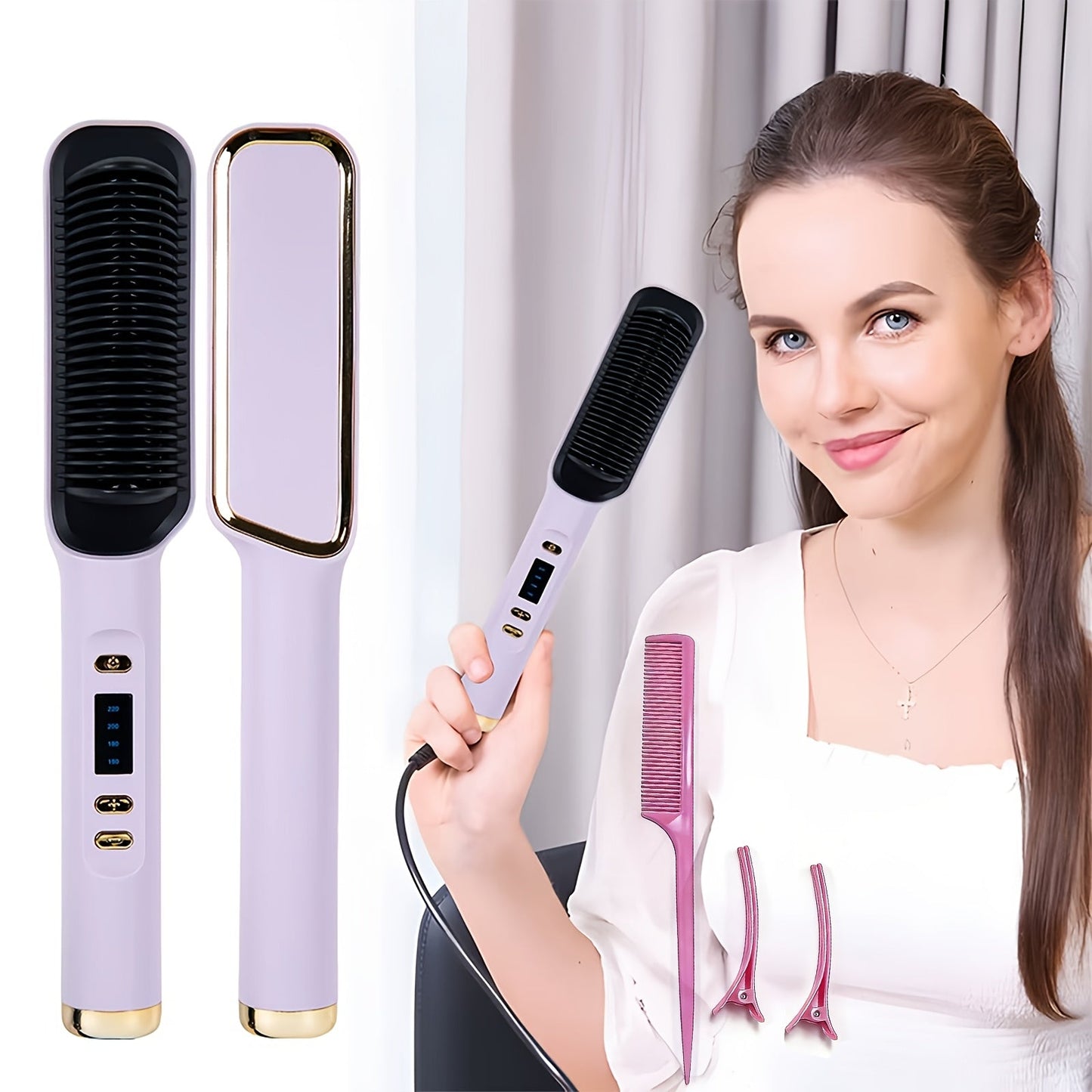 Four-Color Electric Hair Straightener Brush with Digital Display, Temperature Buttons and 10.6-Inch Body