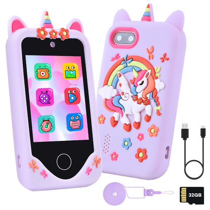 Unicorn Toy Phone in Pink or Purple with Dual Cameras, Touchscreen Interface and 32GB SD Card Label