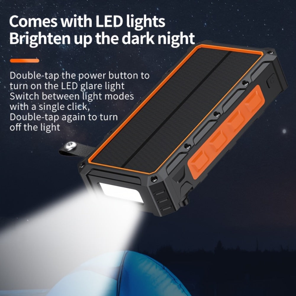 Solar Power Bank, 30000mAh Hand-Crank and Solar Charger with Wireless Pad, Three Built-In Cables and Seven Outputs