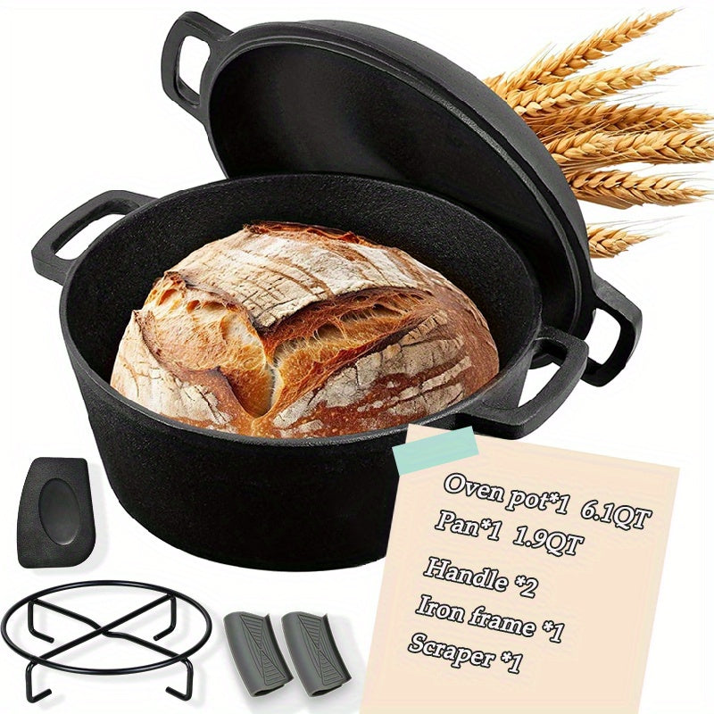 6-Piece Cast Iron Dutch Oven Set with 6.1QT Pot, 1.9QT Skillet Lid, Handle Covers, Support Frame and Scraper