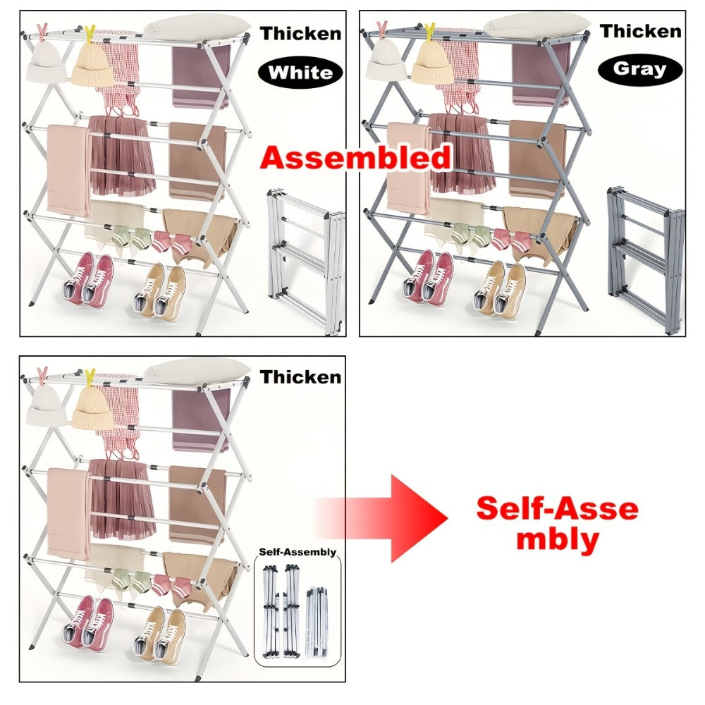 Three-Tier X-Frame Clothes Drying Rack with Collapsible Metal Bars and Gray, White or Top-Rack Configurations