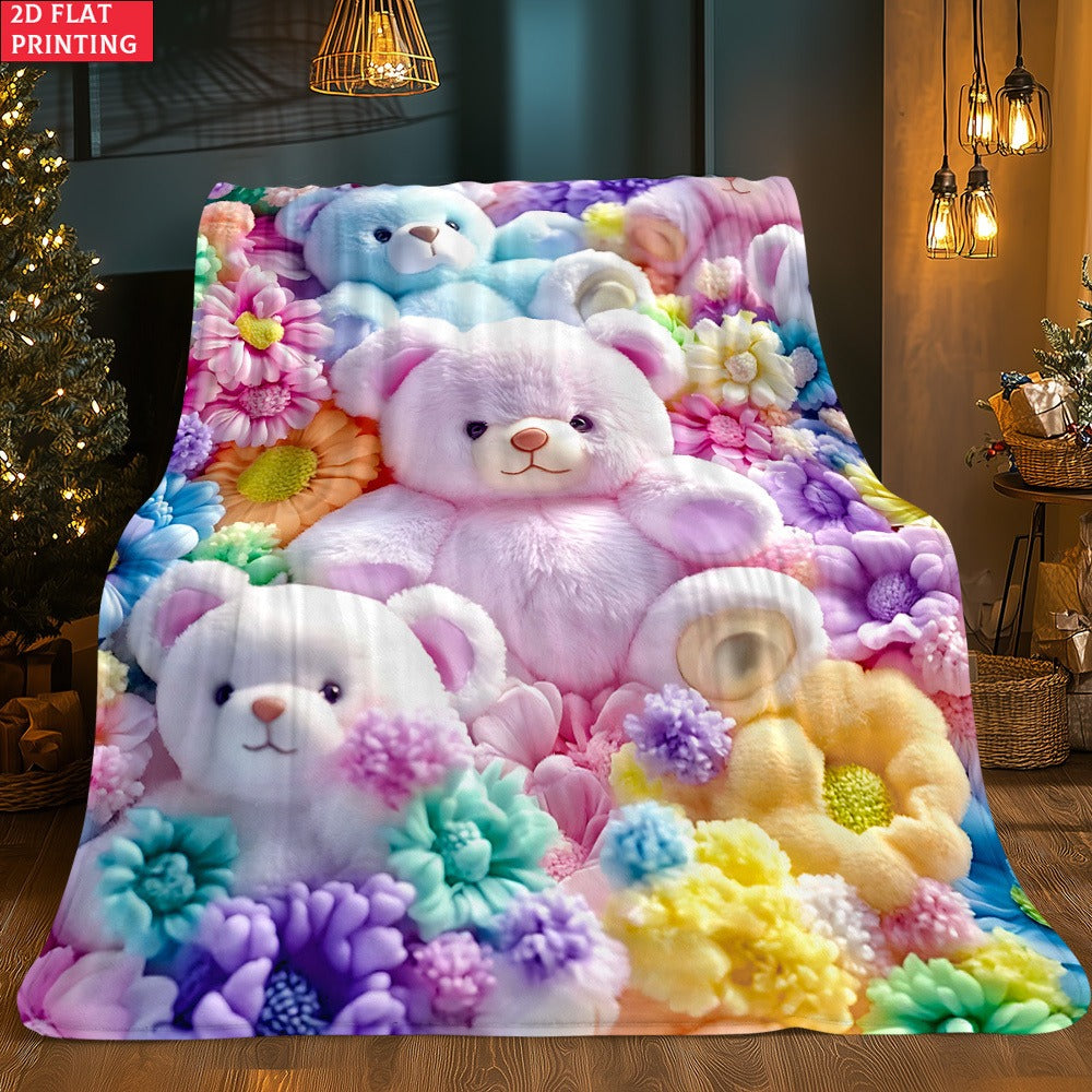Teddy Bear and Floral Print Throw Blanket with Colorful Flat Graphic and Exact 39.41 by 50.8 Inch Option