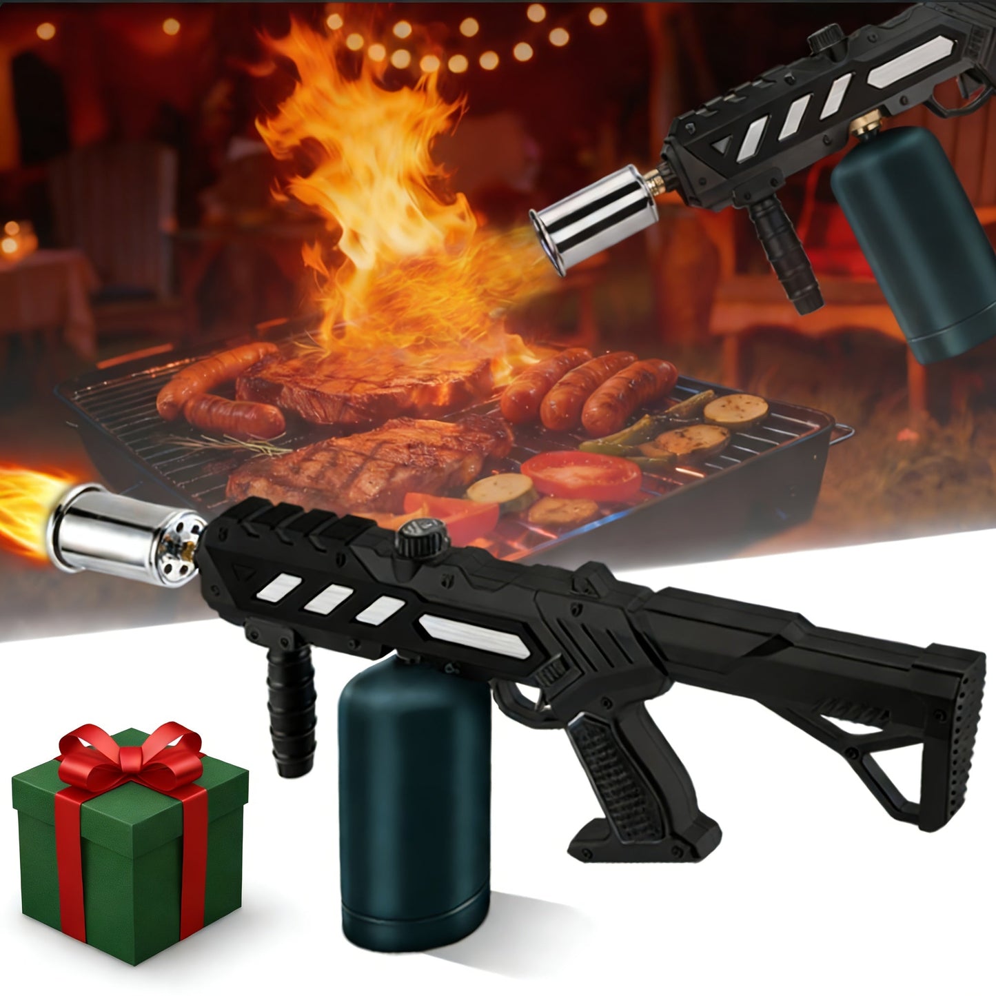 Blow Torch Gun with Detachable Design & Adjustable Flame, Propane Cooking Torch for BBQ, Searing Steak, Caramelizing, Camping, Welding & Weeding, Versatile Kitchen Flamethrower, Gold/Silver & Black (Tank Not Included)