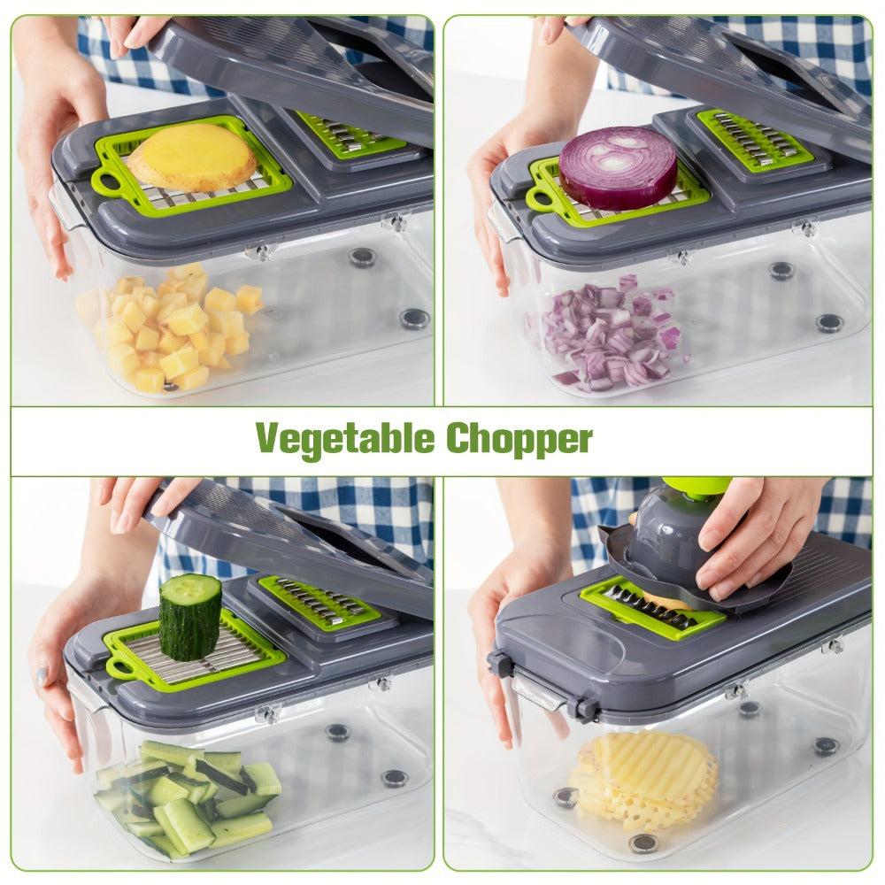 Green 25-in-1 Vegetable Chopper Set with Catch Container, Hand Guard and Interchangeable Cutting Inserts