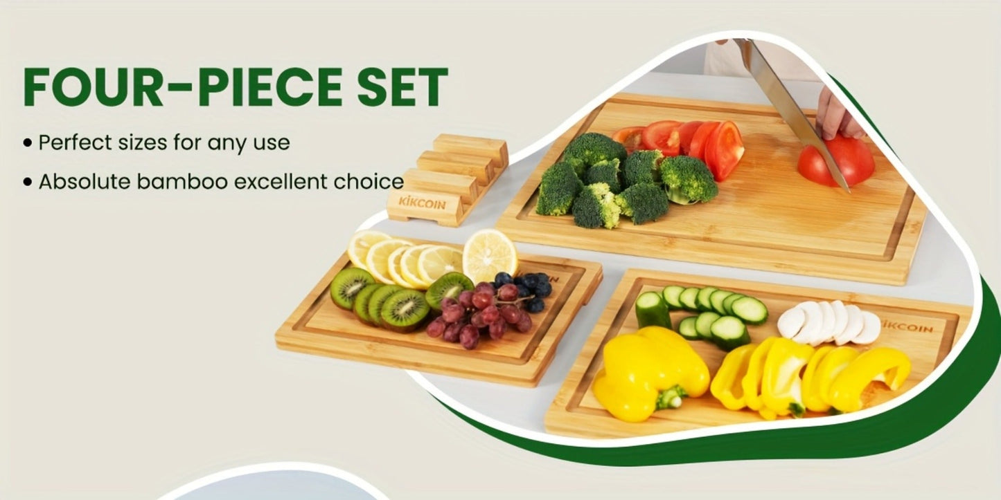 Four-Piece Bamboo Cutting Board Set with Graduated Sizes, Juice Grooves and Storage Rack Included