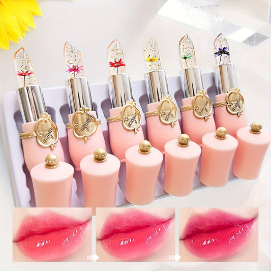 Jelly Lip Balm Set 6 Pack Color Changing — Temperature-Sensitive Dried Flower Extract, Sheer Moisturizing Clear Gloss, Natural Pink Tint, Long-Lasting Hydration Lip Care for Women