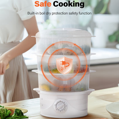 Electric Food Steamer 3-Tier 9.6QT Large, 800W Fast Cooking, 60-Min Timer, Boil-Dry Protection, &