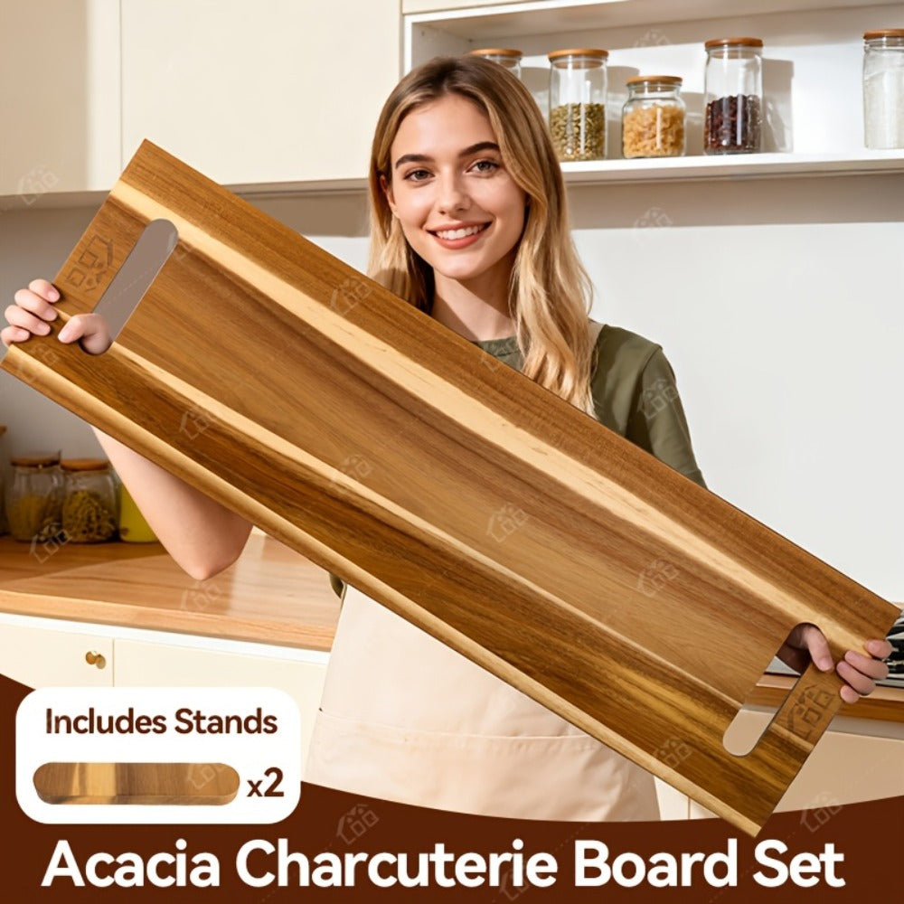 Thirty-Six-by-Twelve-Inch Rectangular Charcuterie Serving Board with Two Stands and Side Handles