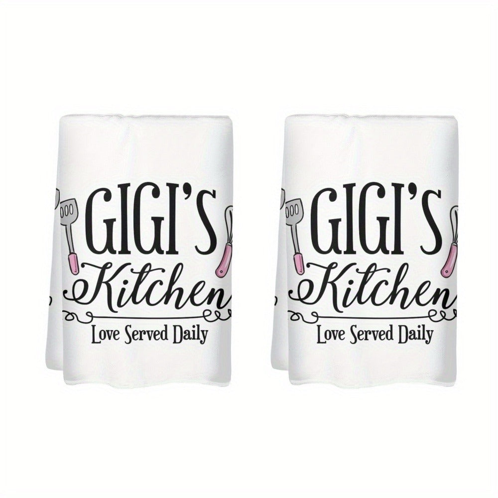 Two-Pack Gigi's Kitchen Towels, 23.6 x 15.7 Inches Each with White Utensil Print and 370GSM Label