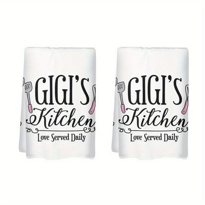 Two-Pack Gigi's Kitchen Towels, 23.6 x 15.7 Inches Each with White Utensil Print and 370GSM Label
