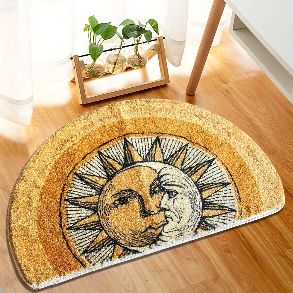 Celestial Sun and Moon Door Mat with Half-Round Shape, Warm Gold and Brown Artwork, 28 x 20 Inches
