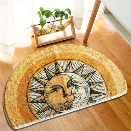 Celestial Sun and Moon Door Mat with Half-Round Shape, Warm Gold and Brown Artwork, 28 x 20 Inches